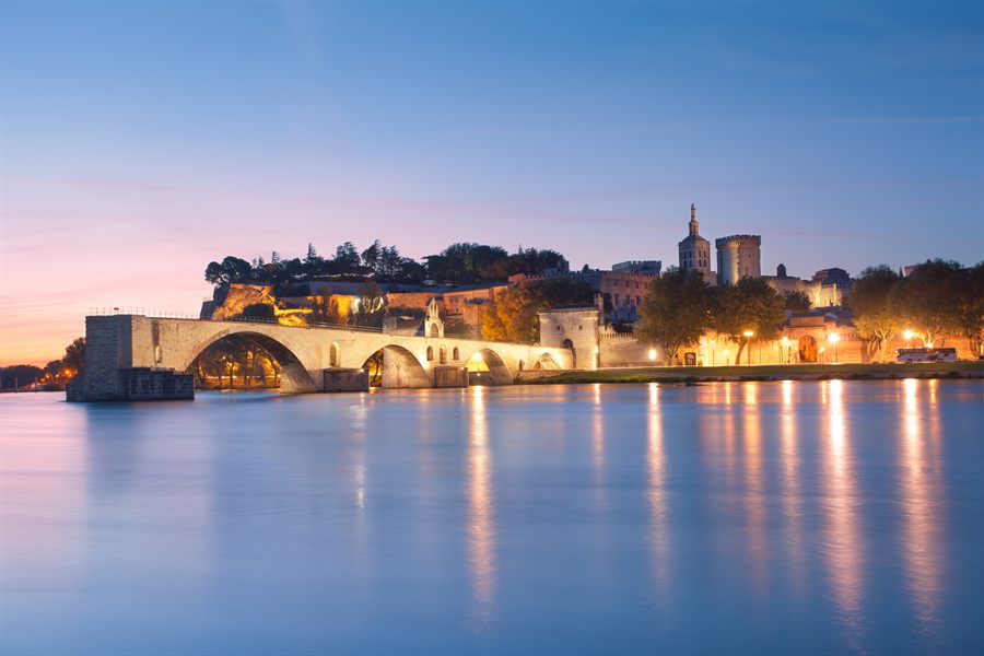 The Pont d’Avignon and Palace of the Popes on the Rhône at dawn